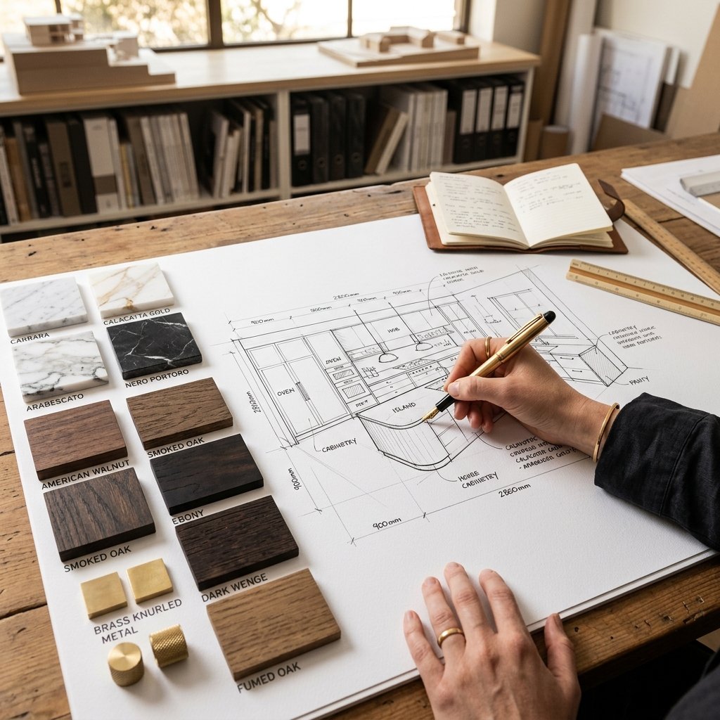 Designer sketching luxury kitchen plans with material samples
