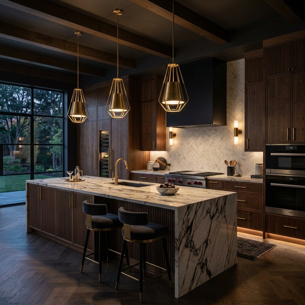 Luxury dark kitchen with marble island and gold pendant lights